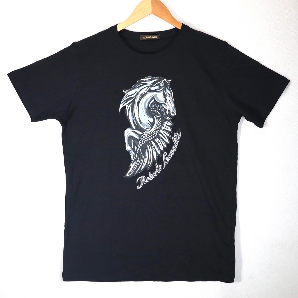 Roberto Cavalli T-Shirt Womens L Black Graphic Pegasus Winged Horse Casual Top